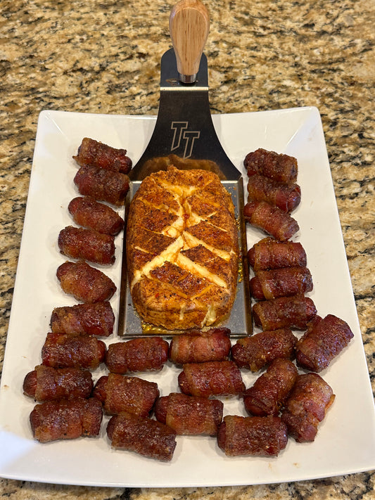 Sweet And Spicy Bacon Wrapped Lil Smokies With Smoked Cream Cheese